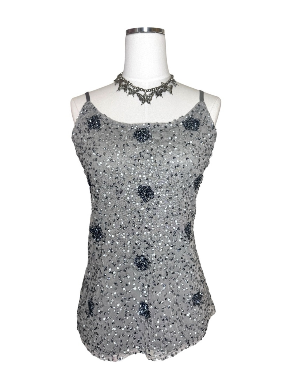Y2K MixIt Embellished Silver Sequin Flower Cami Top Size Large